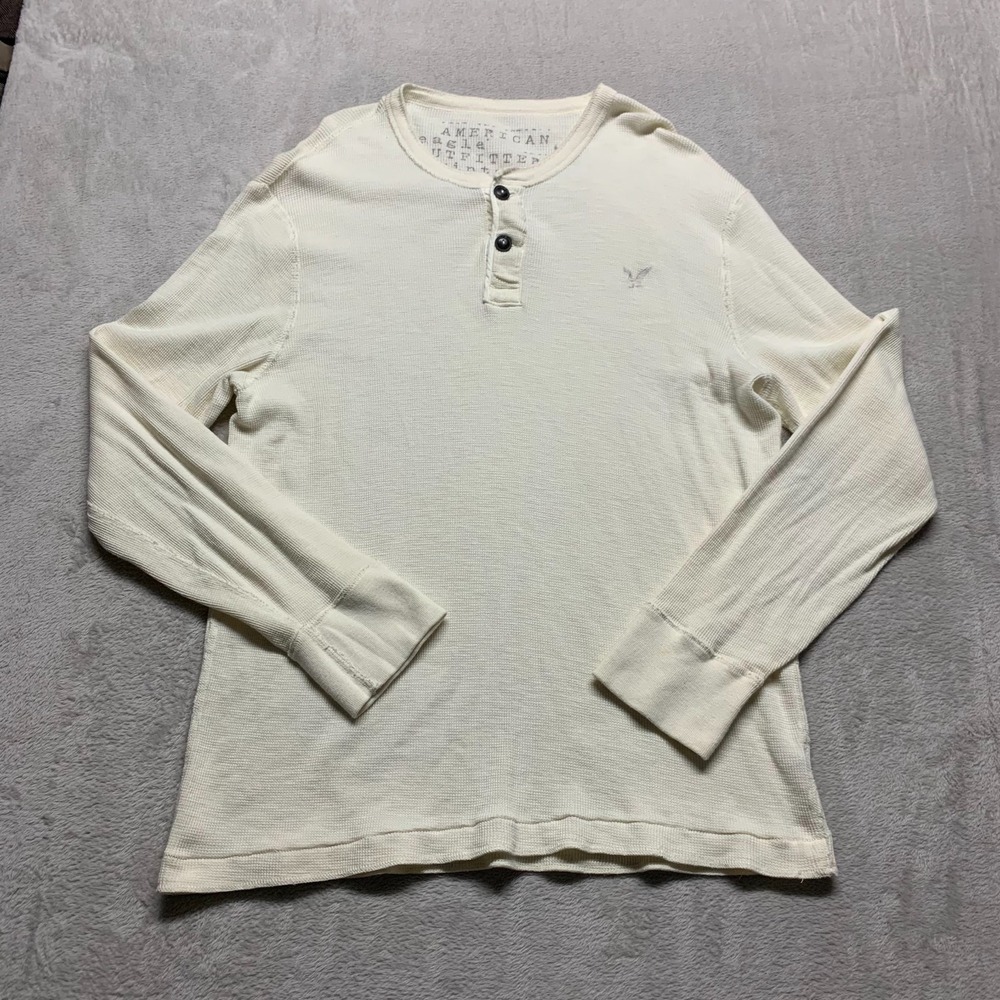 Vintage American Eagle Y2K Cream Button Waffle Knit Thermal Long Mens 2XL‎ Shirt